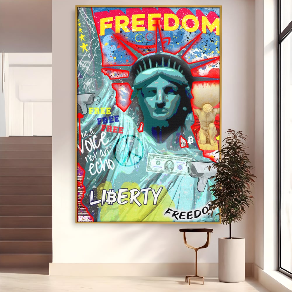 Tablou canvas cu tablou canvas cu statuia libertatii si graffiti, in rama de aluminiu auriu